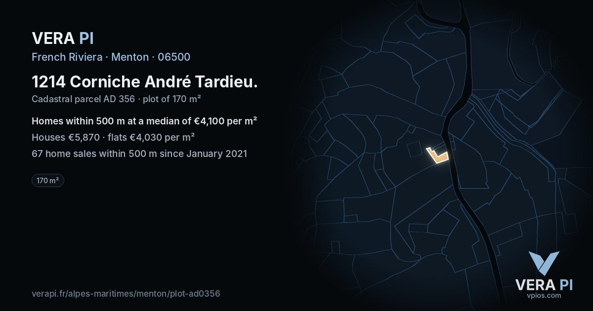 1214 Corniche André Tardieu, Menton at night – the plot lit, the parcels around coloured by the prices near them