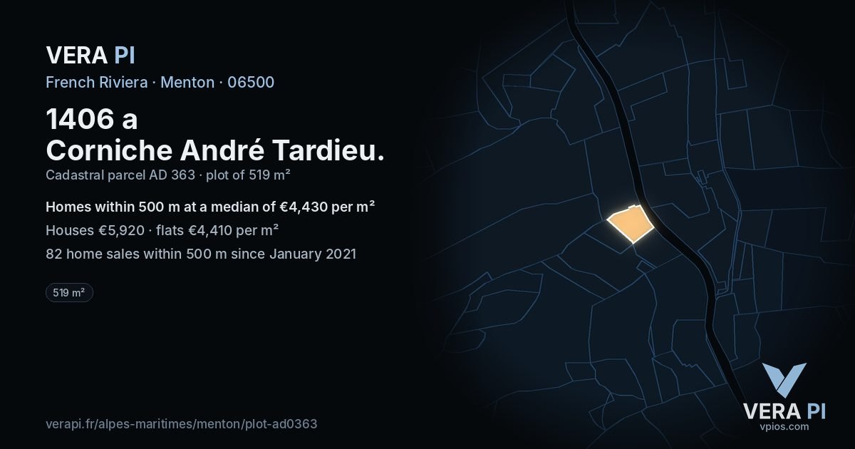 1406 a Corniche André Tardieu, Menton at night – the plot lit, the parcels around coloured by the prices near them