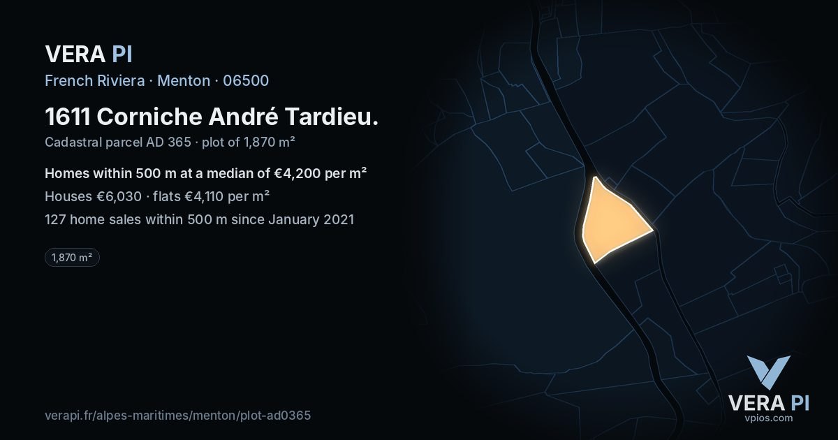 1611 Corniche André Tardieu, Menton at night – the plot lit, the parcels around coloured by the prices near them
