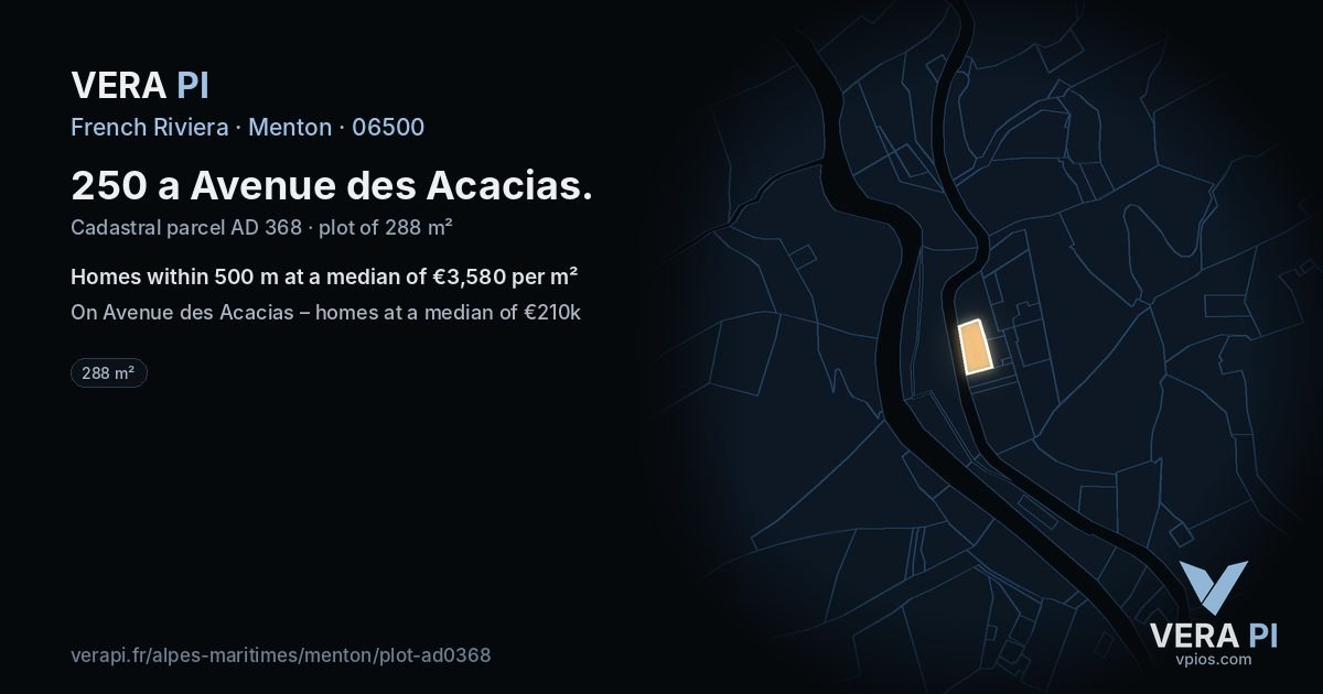 250 a Avenue des Acacias, Menton at night – the plot lit, the parcels around coloured by the prices near them