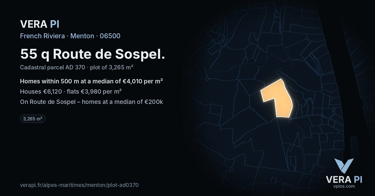 55 q Route de Sospel, Menton at night – the plot lit, the parcels around coloured by the prices near them