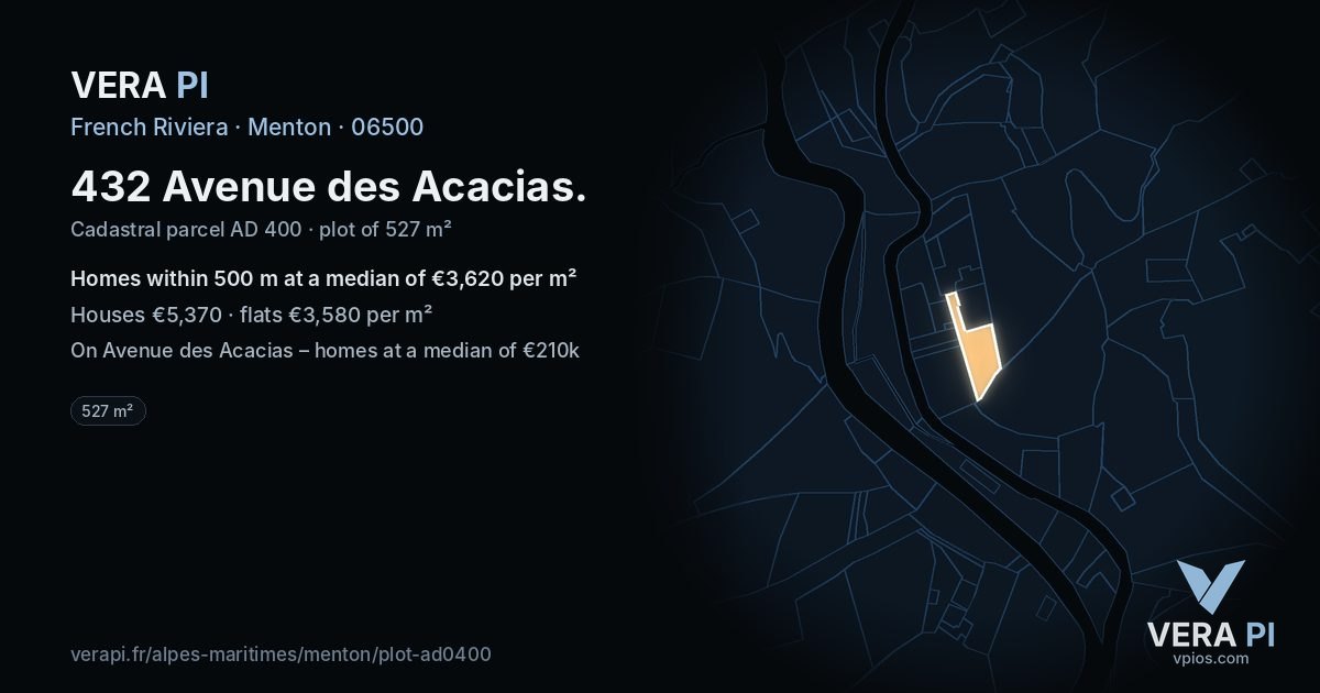 432 Avenue des Acacias, Menton at night – the plot lit, the parcels around coloured by the prices near them