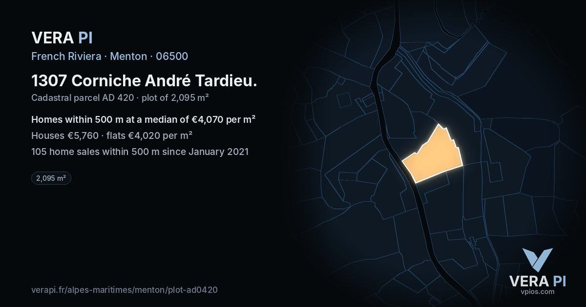 1307 Corniche André Tardieu, Menton at night – the plot lit, the parcels around coloured by the prices near them