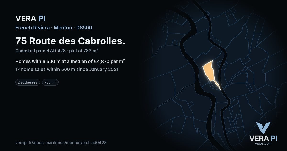 75 Route des Cabrolles, Menton at night – the plot lit, the parcels around coloured by the prices near them