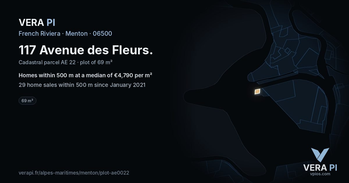 117 Avenue des Fleurs, Menton at night – the plot lit, the parcels around coloured by the prices near them