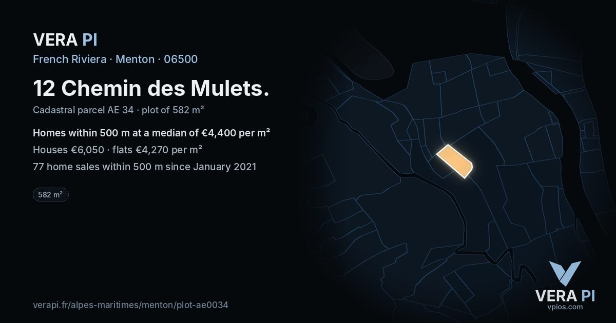 12 Chemin des Mulets, Menton at night – the plot lit, the parcels around coloured by the prices near them
