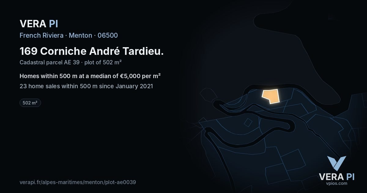 169 Corniche André Tardieu, Menton at night – the plot lit, the parcels around coloured by the prices near them