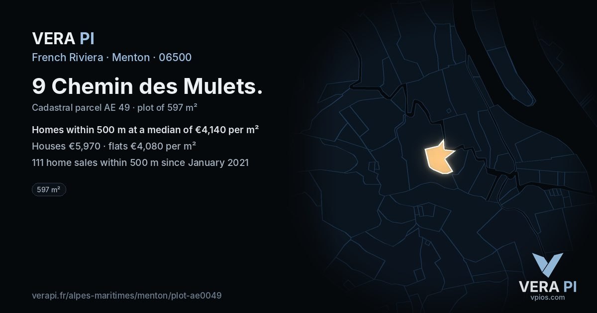 9 Chemin des Mulets, Menton at night – the plot lit, the parcels around coloured by the prices near them