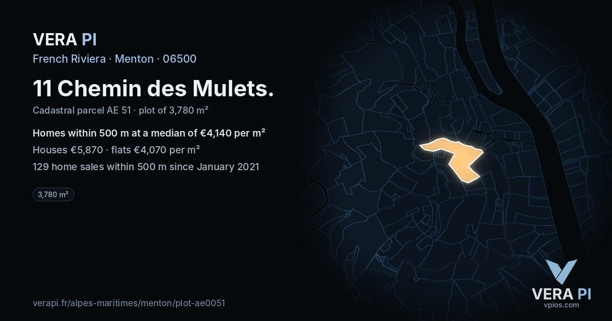 11 Chemin des Mulets, Menton at night – the plot lit, the parcels around coloured by the prices near them