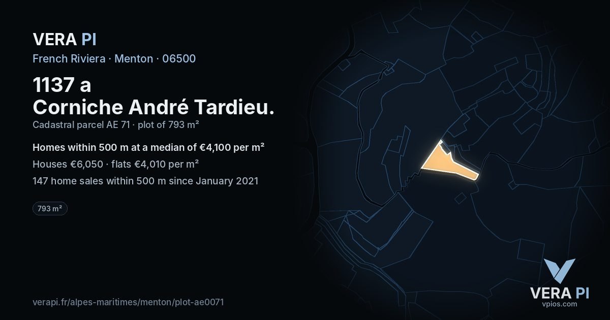 1137 a Corniche André Tardieu, Menton at night – the plot lit, the parcels around coloured by the prices near them