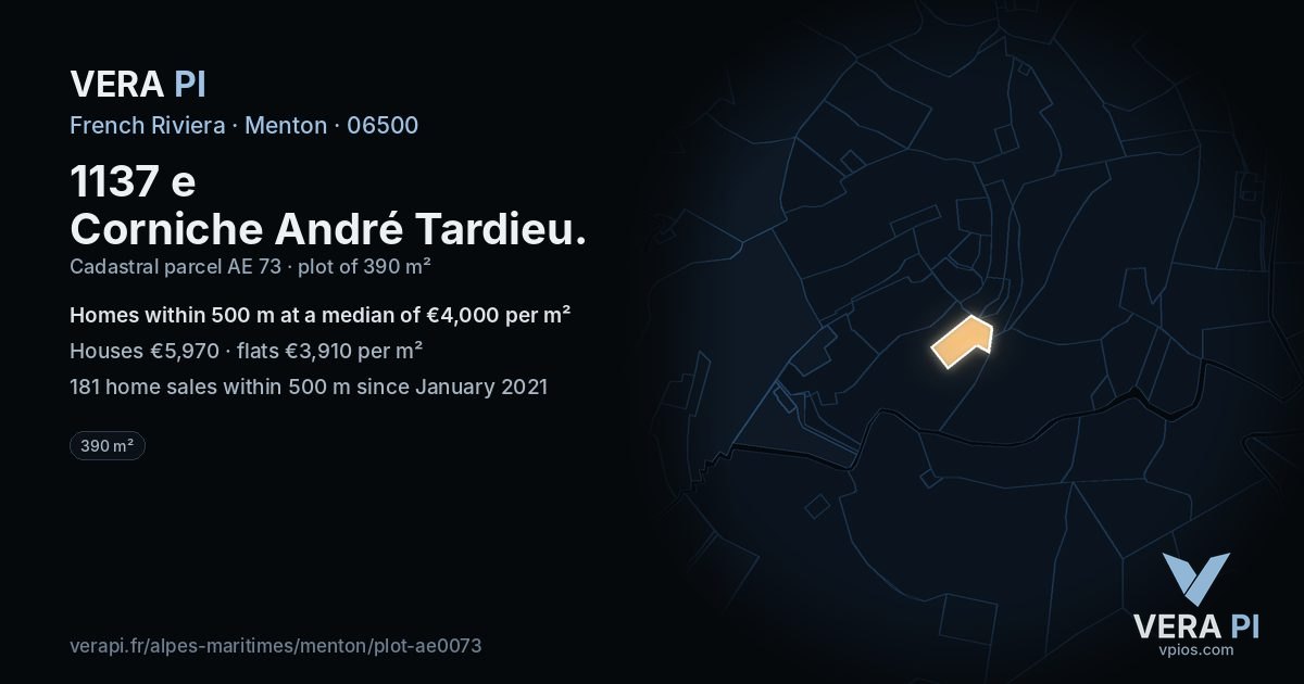1137 e Corniche André Tardieu, Menton at night – the plot lit, the parcels around coloured by the prices near them