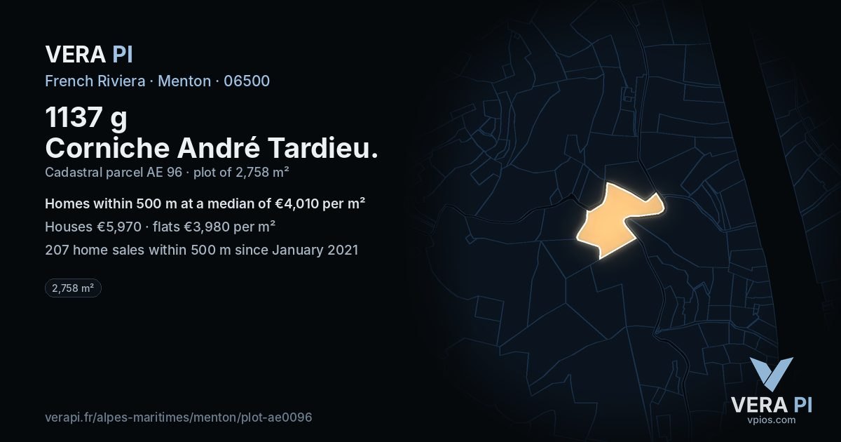 1137 g Corniche André Tardieu, Menton at night – the plot lit, the parcels around coloured by the prices near them