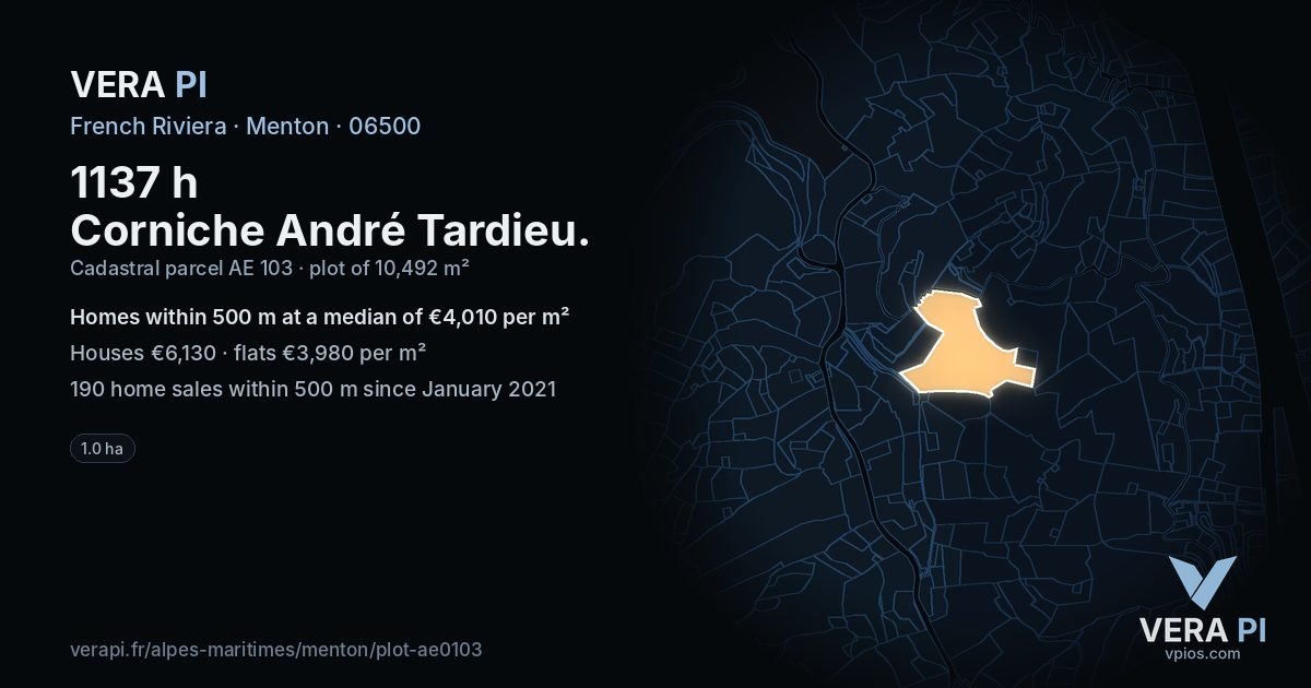 1137 h Corniche André Tardieu, Menton at night – the plot lit, the parcels around coloured by the prices near them