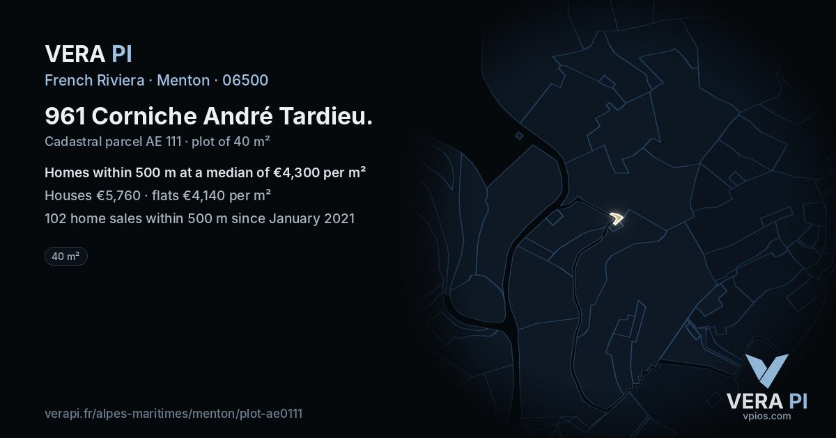 961 Corniche André Tardieu, Menton at night – the plot lit, the parcels around coloured by the prices near them