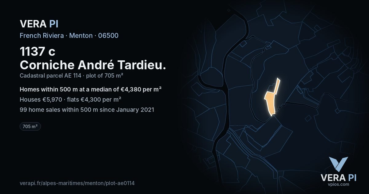 1137 c Corniche André Tardieu, Menton at night – the plot lit, the parcels around coloured by the prices near them