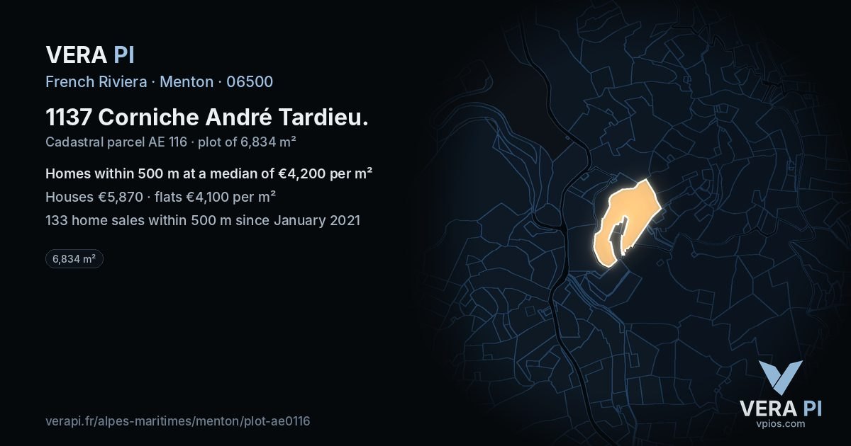 1137 Corniche André Tardieu, Menton at night – the plot lit, the parcels around coloured by the prices near them