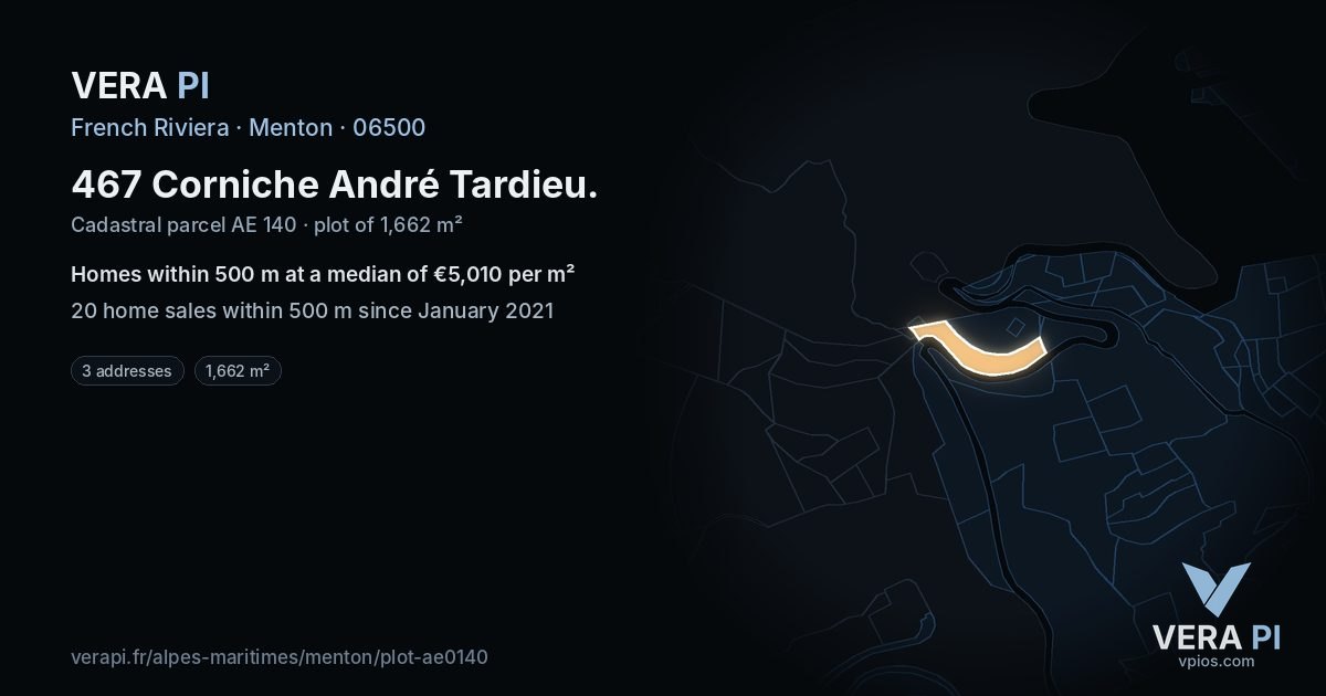 467 Corniche André Tardieu, Menton at night – the plot lit, the parcels around coloured by the prices near them
