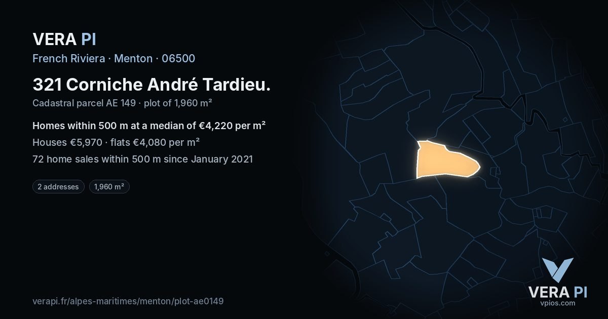 321 Corniche André Tardieu, Menton at night – the plot lit, the parcels around coloured by the prices near them
