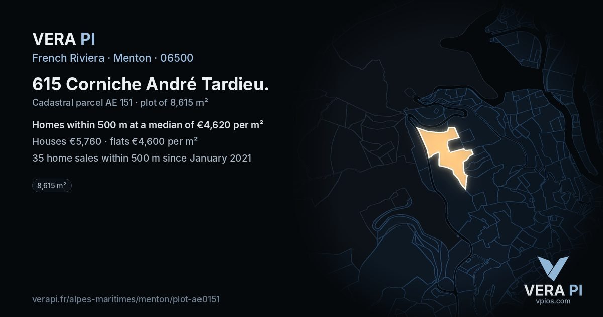 615 Corniche André Tardieu, Menton at night – the plot lit, the parcels around coloured by the prices near them