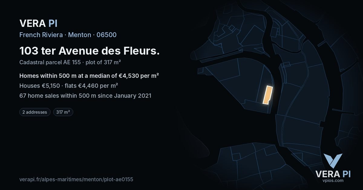 103 ter Avenue des Fleurs, Menton at night – the plot lit, the parcels around coloured by the prices near them
