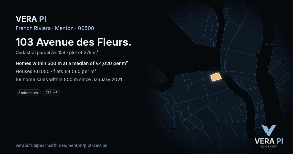 103 Avenue des Fleurs, Menton at night – the plot lit, the parcels around coloured by the prices near them