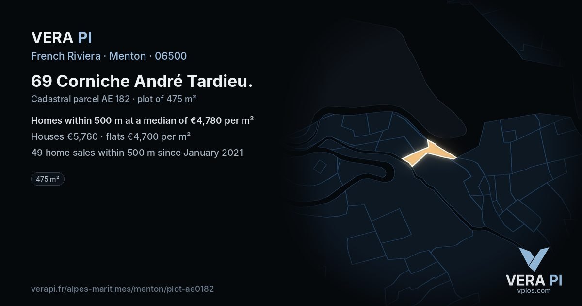 69 Corniche André Tardieu, Menton at night – the plot lit, the parcels around coloured by the prices near them