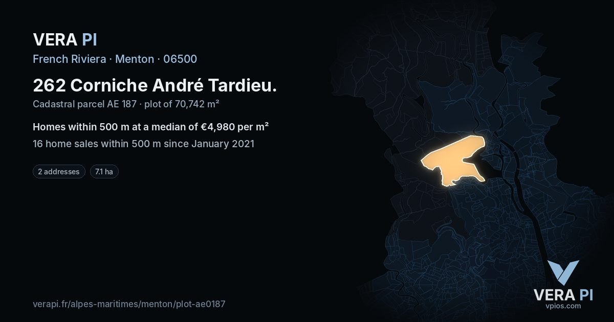262 Corniche André Tardieu, Menton at night – the plot lit, the parcels around coloured by the prices near them