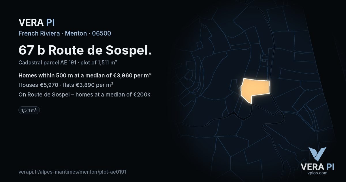 67 b Route de Sospel, Menton at night – the plot lit, the parcels around coloured by the prices near them