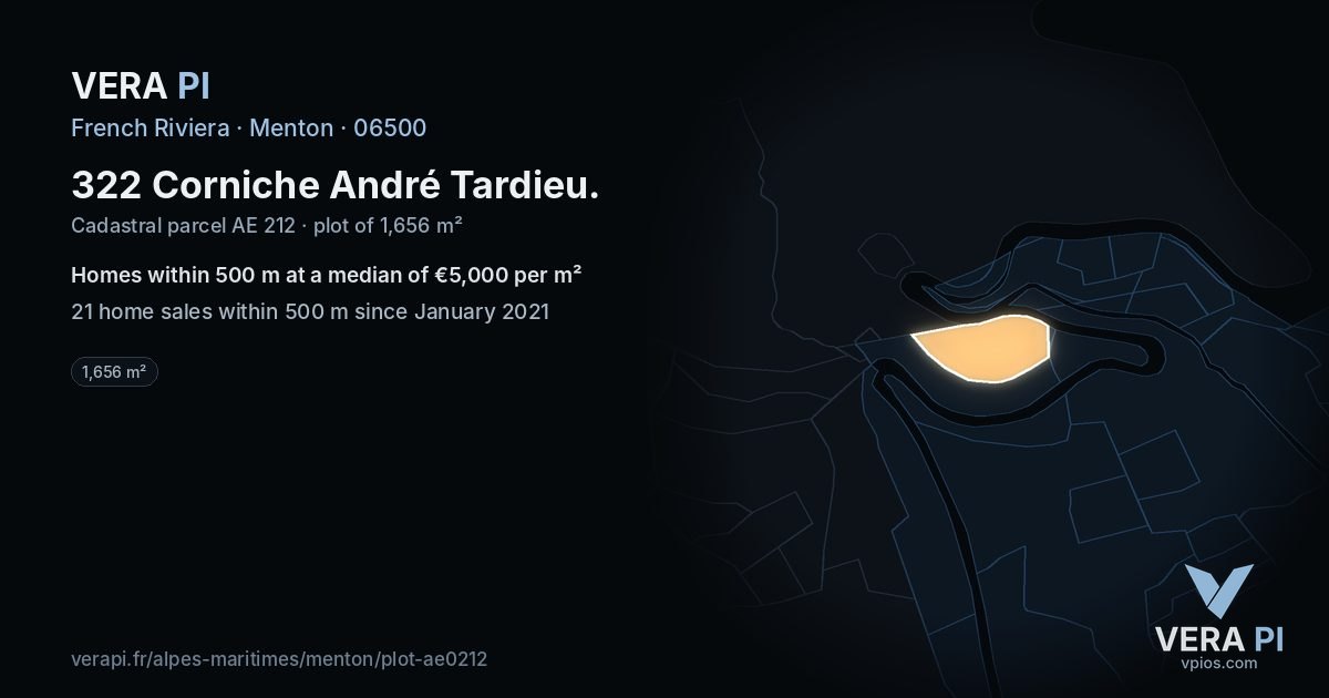 322 Corniche André Tardieu, Menton at night – the plot lit, the parcels around coloured by the prices near them