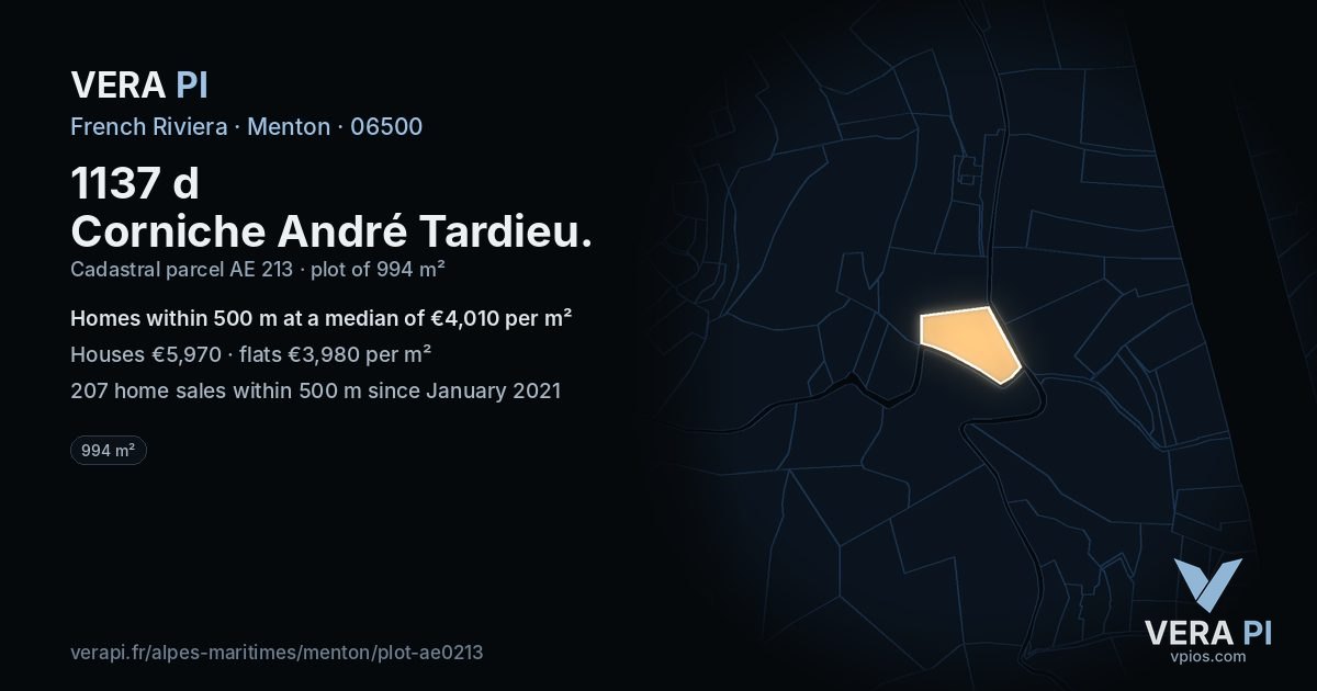 1137 d Corniche André Tardieu, Menton at night – the plot lit, the parcels around coloured by the prices near them
