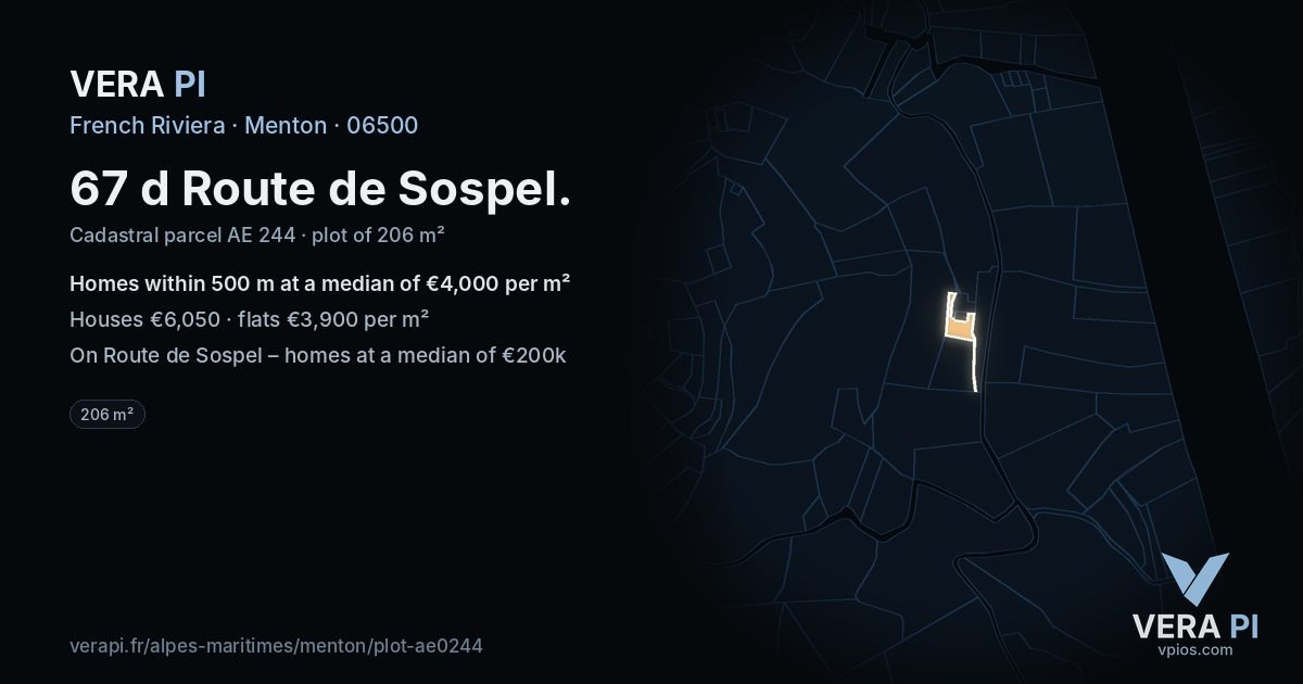 67 d Route de Sospel, Menton at night – the plot lit, the parcels around coloured by the prices near them