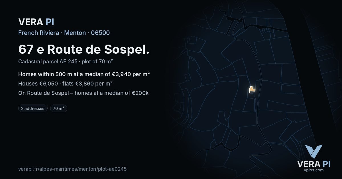 67 e Route de Sospel, Menton at night – the plot lit, the parcels around coloured by the prices near them