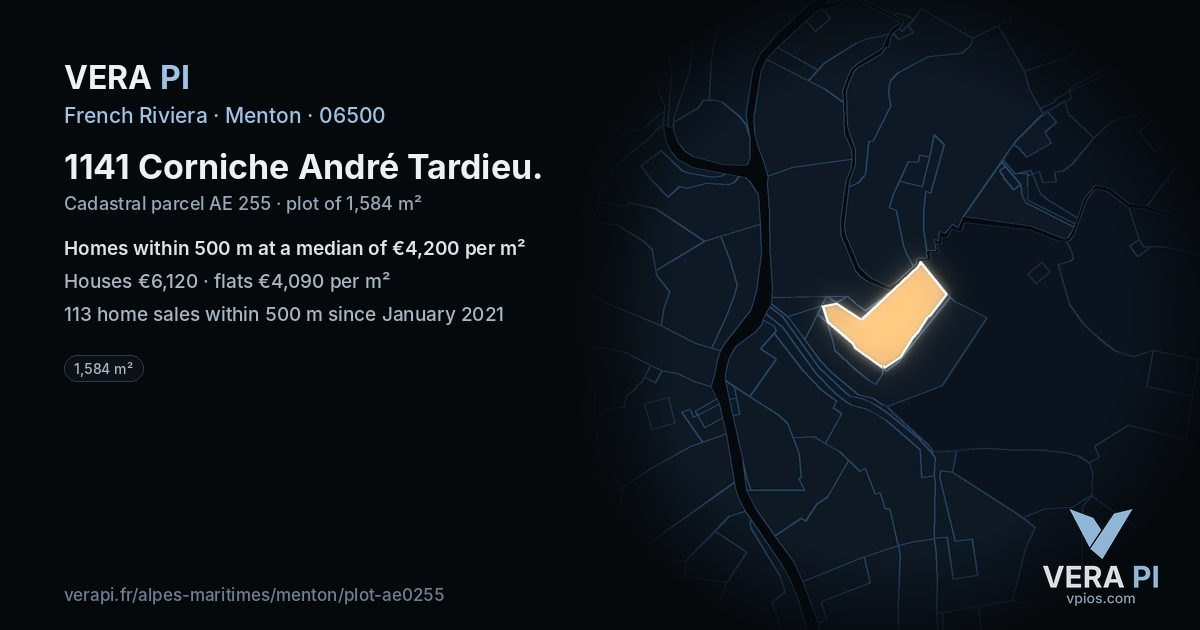 1141 Corniche André Tardieu, Menton at night – the plot lit, the parcels around coloured by the prices near them
