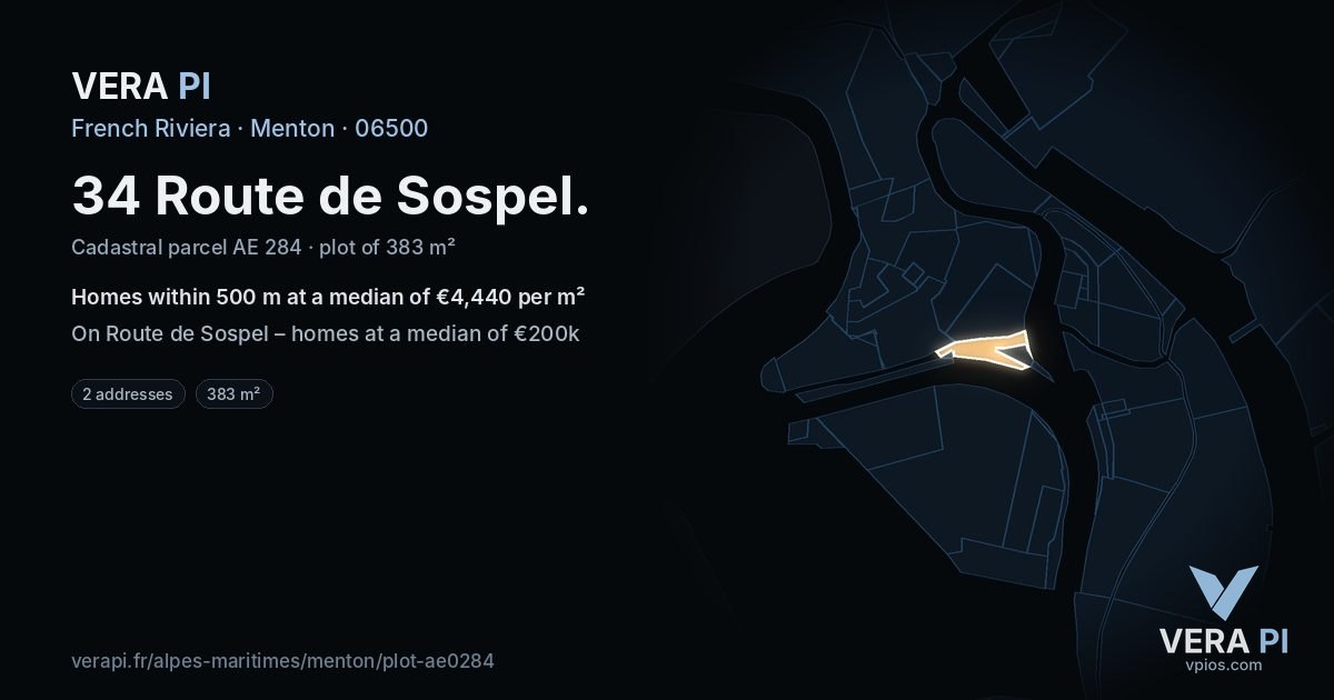34 Route de Sospel, Menton at night – the plot lit, the parcels around coloured by the prices near them