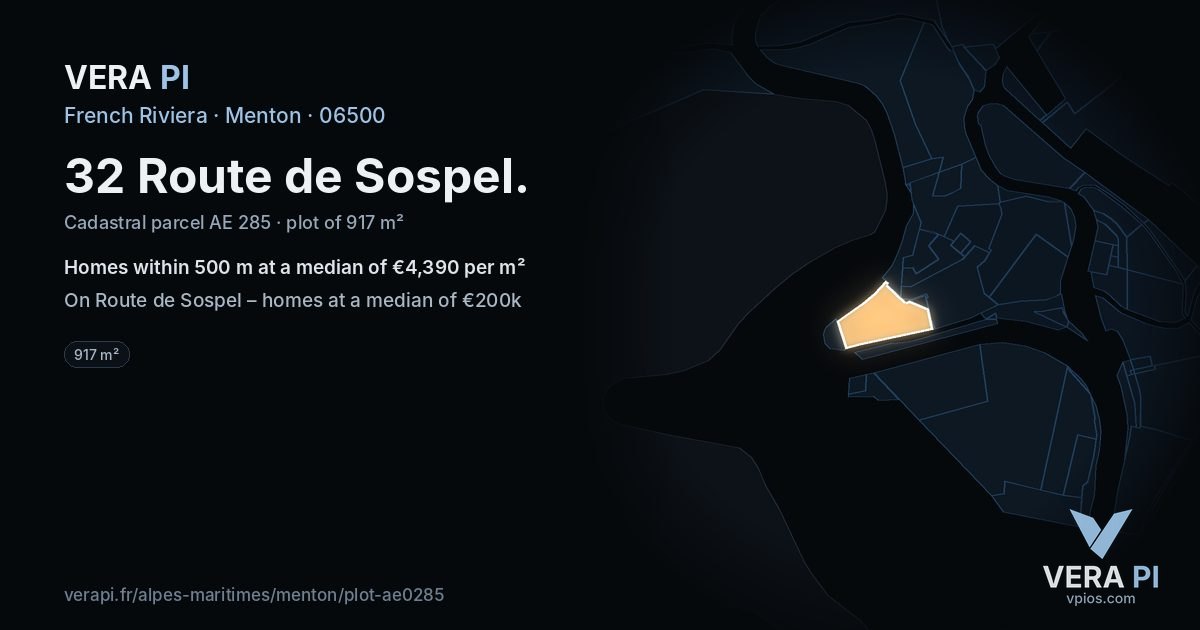 32 Route de Sospel, Menton at night – the plot lit, the parcels around coloured by the prices near them