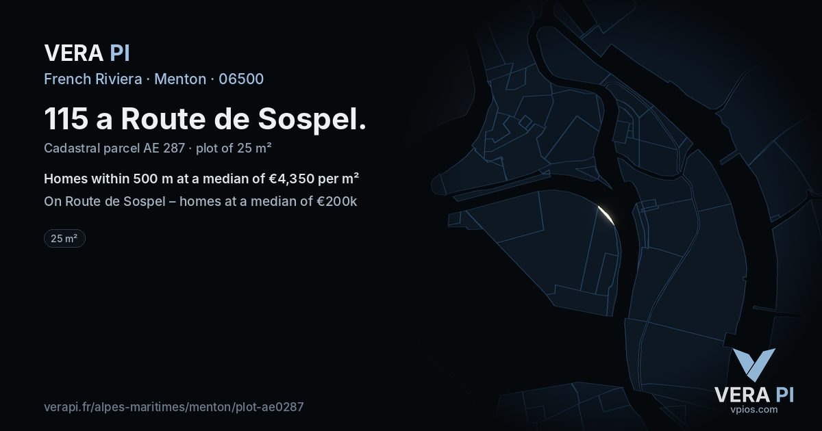 115 a Route de Sospel, Menton at night – the plot lit, the parcels around coloured by the prices near them