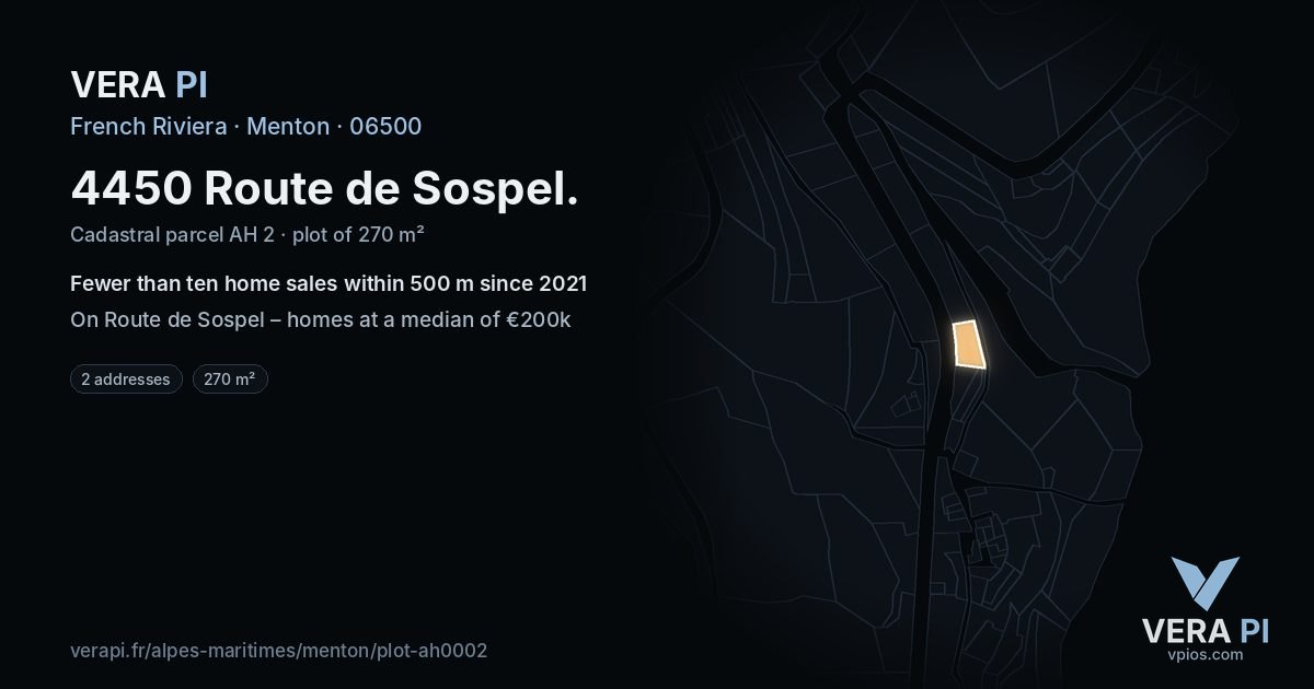 4450 Route de Sospel, Menton at night – the plot lit, the parcels around coloured by the prices near them