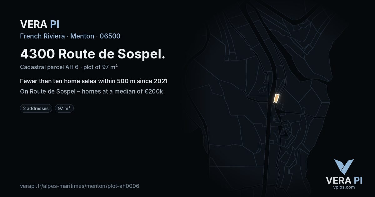 4300 Route de Sospel, Menton at night – the plot lit, the parcels around coloured by the prices near them
