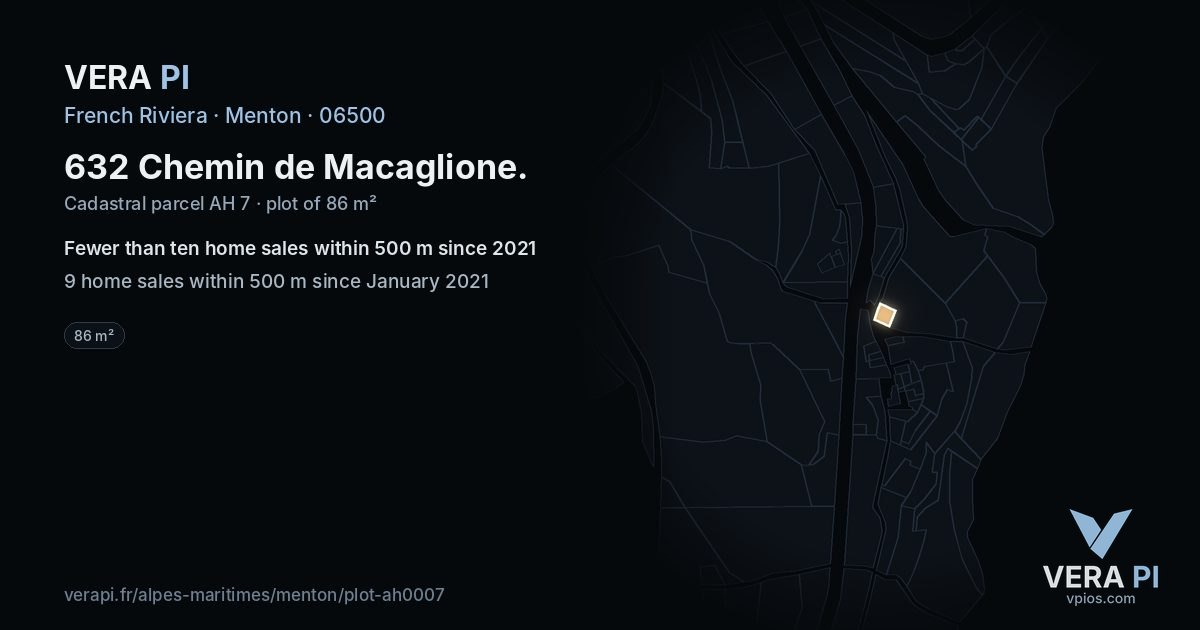 632 Chemin de Macaglione, Menton at night – the plot lit, the parcels around coloured by the prices near them