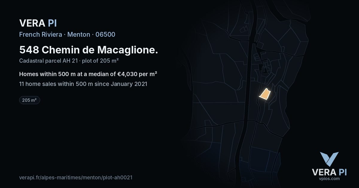 548 Chemin de Macaglione, Menton at night – the plot lit, the parcels around coloured by the prices near them