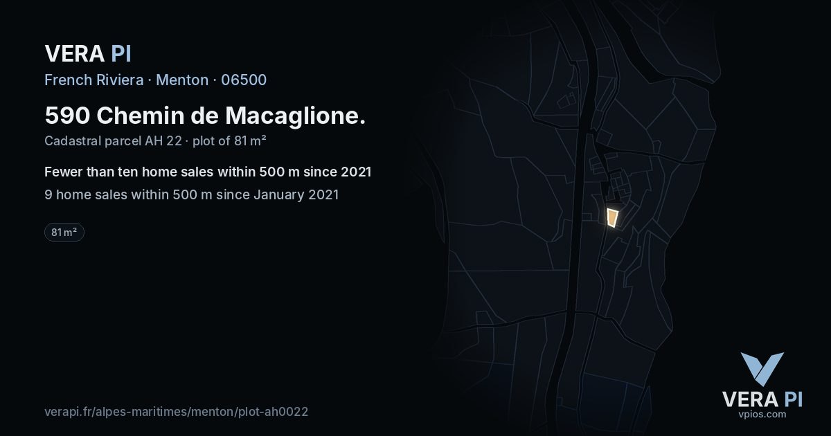 590 Chemin de Macaglione, Menton at night – the plot lit, the parcels around coloured by the prices near them