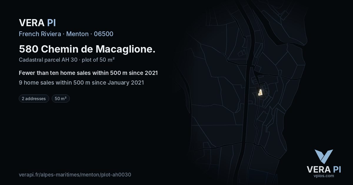 580 Chemin de Macaglione, Menton at night – the plot lit, the parcels around coloured by the prices near them