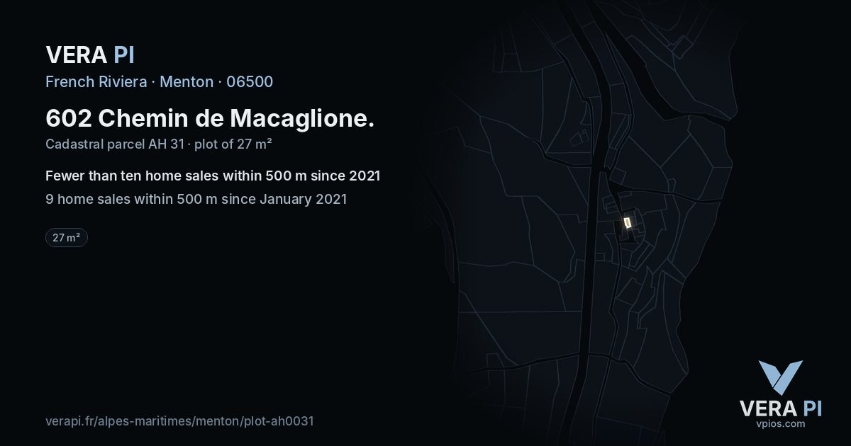 602 Chemin de Macaglione, Menton at night – the plot lit, the parcels around coloured by the prices near them