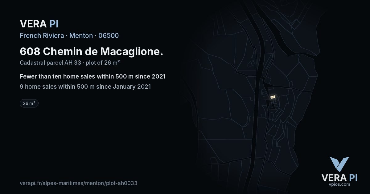 608 Chemin de Macaglione, Menton at night – the plot lit, the parcels around coloured by the prices near them