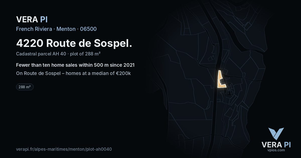 4220 Route de Sospel, Menton at night – the plot lit, the parcels around coloured by the prices near them