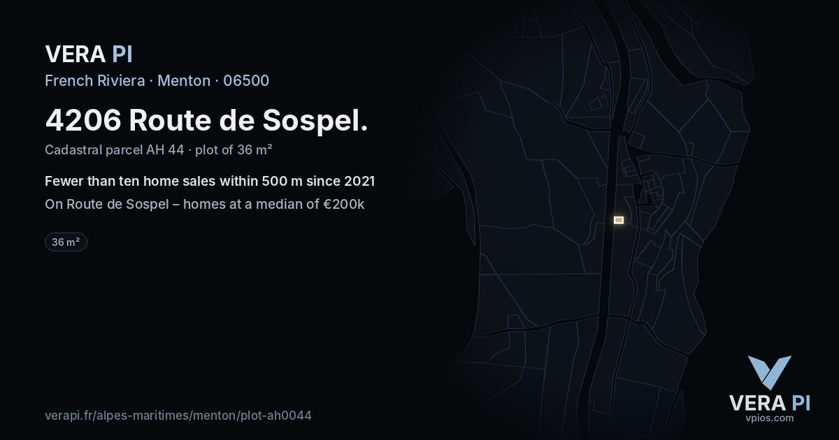 4206 Route de Sospel, Menton at night – the plot lit, the parcels around coloured by the prices near them