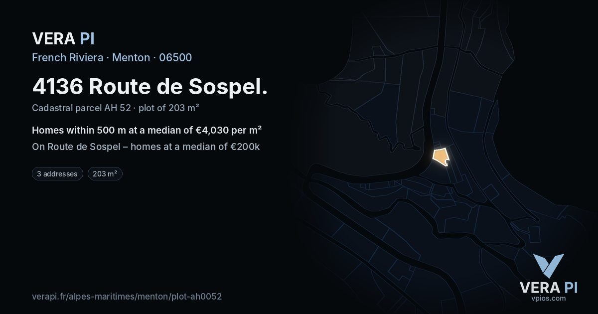 4136 Route de Sospel, Menton at night – the plot lit, the parcels around coloured by the prices near them