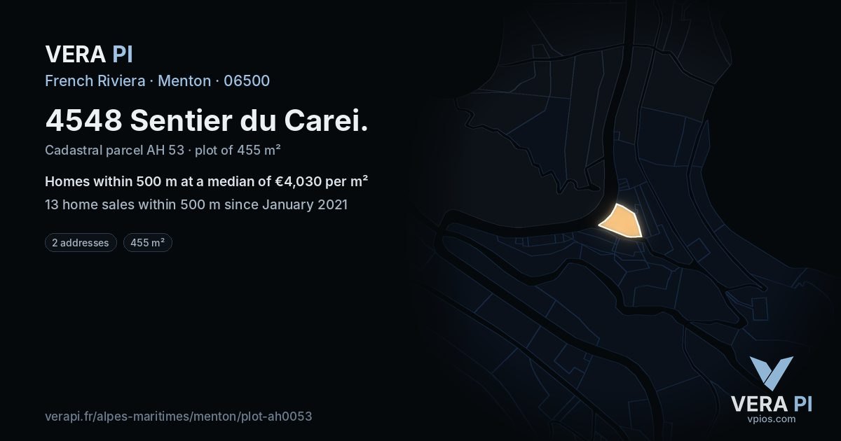 4548 Sentier du Carei, Menton at night – the plot lit, the parcels around coloured by the prices near them
