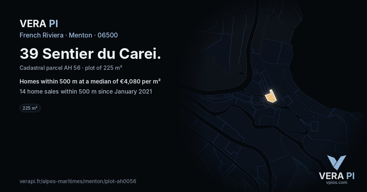 39 Sentier du Carei, Menton at night – the plot lit, the parcels around coloured by the prices near them