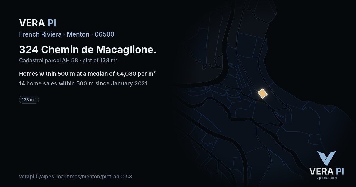 324 Chemin de Macaglione, Menton at night – the plot lit, the parcels around coloured by the prices near them